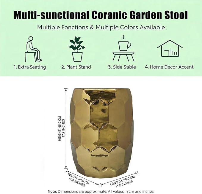 Decorative Ceramic Garden Stool, Hand-Crafted Outdoor Side Table, Shoe Changing Drum Stool for Patio, Living Room Accent Furniture(Gold 2)