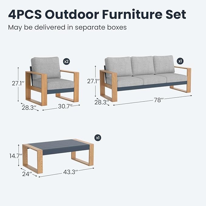 4 Pieces Aluminum Patio Furniture Set, Outdoor Conversation Sets with High Backrest Sofa and Coffee Table for Garden and Backyard