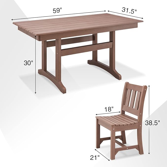 Psilvam Outdoor Dining Table, 6-Person Poly Lumber Patio Table, Weather Resistant Outdoor Table that Never Rust, Suitable for Garden & Backyard, Net Weight 90 LBs (59" D x 31 1/2" W x30 H, Brown)