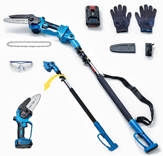 6 Inch Mini Chainsaw Cordless with Extension Pole, Portable Electric Pole Chainsaw with 2 Batteries and 2 Chains, Detachable Pole Handheld Chainsaw for Tree Trimming, Wood Cutting