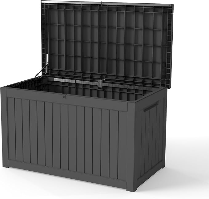 LAUSAINT HOME 240 Gallon Giant Resin Deck Box with Hydraulic Pistons - Waterproof Outdoor Storage Bench for Large Cushions, Lockable Patio Bin for Pool and Backyard (Black)
