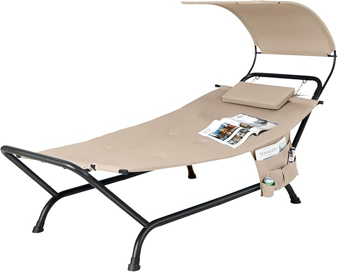 Nightcore Outdoor Canopy Hammock Swing Chair, Cushioned Patio Hanging Chaise Lounge w/Pillow & Storage Bag, Metal Swing Hammock Bed w/Stand for Garden, Lawn, Backyard (Beige)