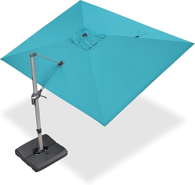 PURPLE LEAF 9' X 11' Patio Umbrella, Rectangle Outdoor Cantilever Umbrella, Aluminum Offset Umbrella with Champagne Frame and 360° Rotation for Pool Deck Garden, Turquoise Blue
