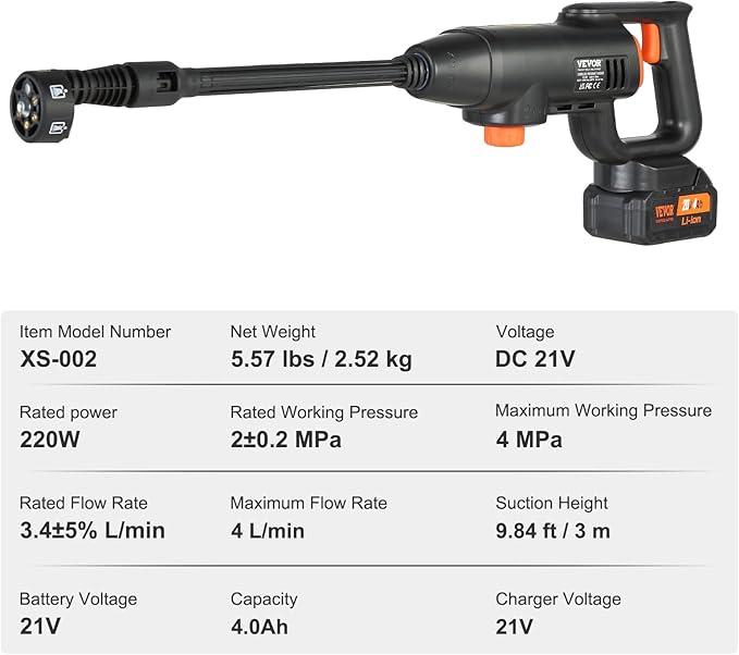 VEVOR Cordless Pressure Washer, 580-PSI 1.1 GPM Portable Power Cleaner, Handheld High-Pressure Car Washer Gun with 4.0Ah Battery, Charger, 6-in-1 Nozzle, for Home/Floor Cleaning & Watering