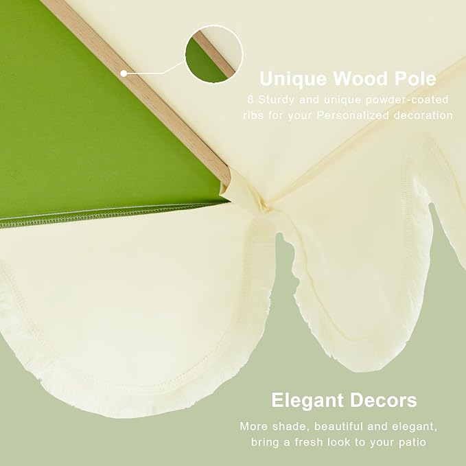 Tempera 9ft Scalloped Patio Umbrellas with Fringe, Market Umbrellas with Water-Resistant and Fade Resistant Canopy, 1.5" Wood Pole & Button Tilt.
