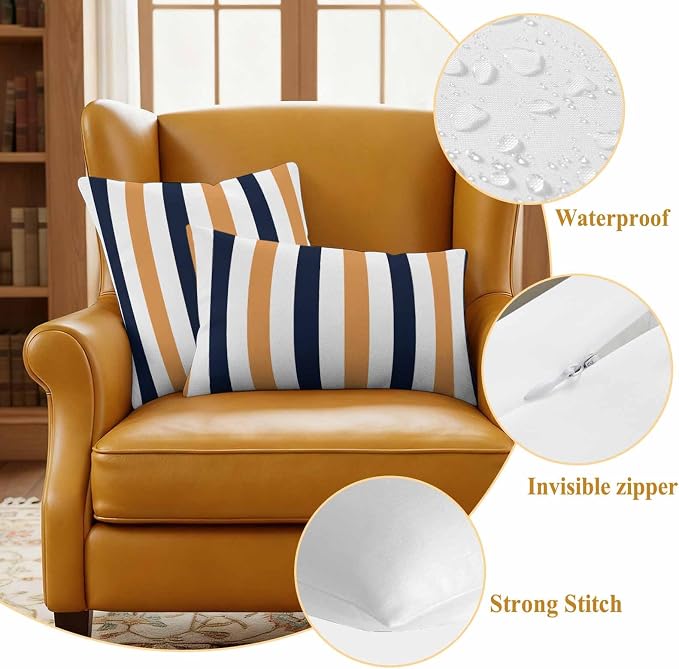 Burnt Orange Navy Blue Striped Waterproof Outdoor Pillow Covers Set of 2 Home Decor, Farmhouse Stripe Art Pillowcase Patio Pillow Covers for Couch Bench Furniture Garden 20x20in