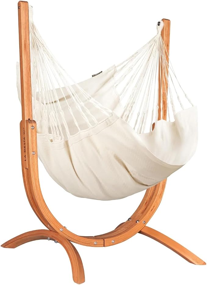 LA SIESTA Udine Indoor Hammock Chair Set with freestanding Wooden Stand, Double-Size, GOTS Organic Cotton Chair with FSC-Certified Eucalyptus Wood Stand - Latte