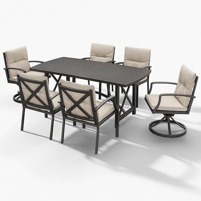7 Pieces Outdoor Dining Set for 6, Never Rusts Aluminum Patio Dining Set with 2 Swivel Rocker Chairs, Patio Table and Chairs Set, Outdoor Furniture Set for Deck, Garden, Lawn, Gunmetal
