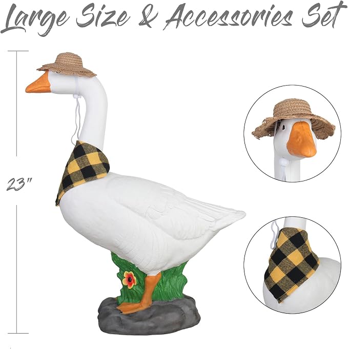 PARTYGEARS 23" Porch Goose Statue with Accessories, Hollow Plastic Garden Decor, Adjustable Neck, Sand-Fillable Base with Straw Hat & Yellow Scarf – Outdoor Decorations for Yard, Lawn Decor