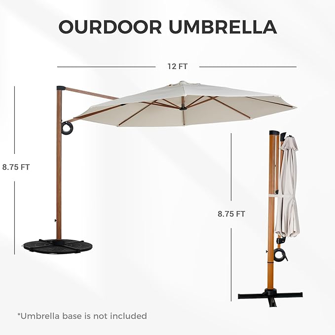 Grand patio 12 FT Patio Umbrella, Outdoor Cantilever Round Umbrella with 360° Rotation, Aluminum Offset Umbrella for Patio Garden Deck Pool, Beige