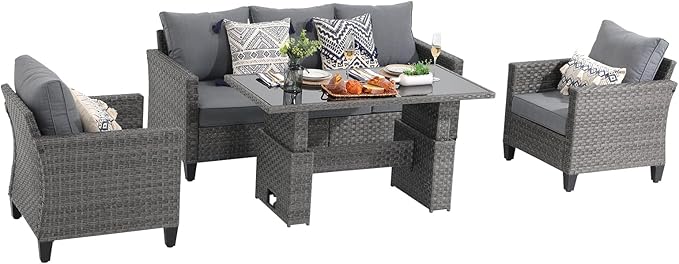 SUNSITT Outdoor Patio Furniture Set 4 Piece Wicker Conversation Set with Lift Coffee Table Sectional Dining Set 3 Seat Sofa Couch with Club Chair, Grey Wicker & Grey Cushion
