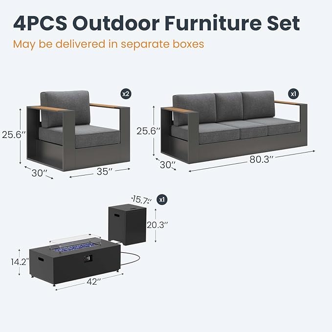 Aluminum Patio Furniture Set, 5 Seats Luxury Seating Furniture with 42" Fire Pit Table, All Weather Outdoor Conversation Sets with 6" Thickened Cushions