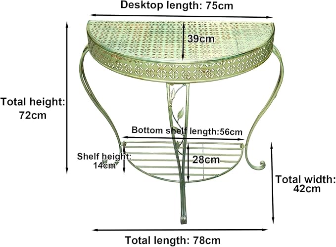 Outdoor Half-Moon Patio Console Table, 2 Tier Iron Half Round Garden Porch Table, Antique All-Weather Mid Century Tables(Green)