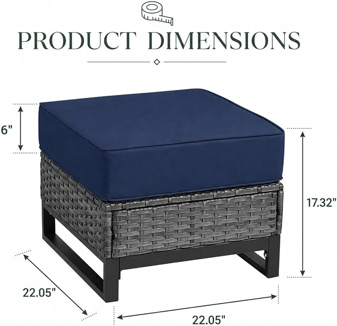 Outdoor Ottomans Set of 2, PE Wicker Patio Footstools with Removable Cushions, All-Weather Rattan Outdoor Ottoman Set for Patio, Backyard, Garden, Porch, Blue