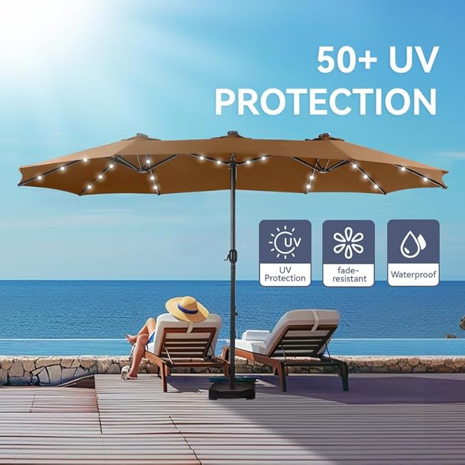 GREEN PARTY 15 ft Large Outdoor Patio Umbrella with Solar Led Lights & Base Included, Double-Sided Rectangular Table Umbrella with Stand, Market Umbrellas for Deck Poolside Garden Backyard, Tawny