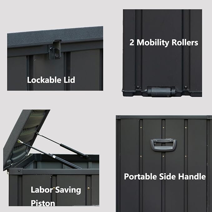 CHUNLY 100 Gallon Outdoor Waterproof Deck Box with Lockable Resin Lid, Storage Bench w/Mobility Rollers, All-weather Patio Storage Box for Outside Furniture Cushions, Garden Tools (Dark Gray)