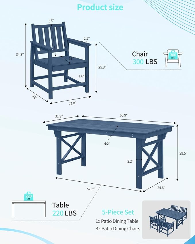 Outdoor Patio Dining Table Set, 5-Piece Outdoor HDPE Dining Furniture Sets with Umbrella Hole Table and 4 Chairs, All Weather for Backyard, Garden, Poolside, Lawn, Navy