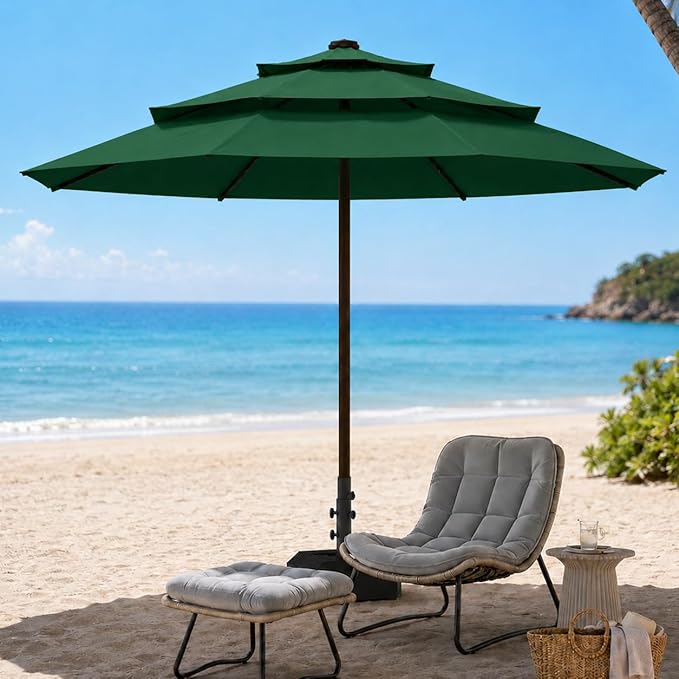 10ft Patio Umbrella, 3-Tier Vented Outdoor Table Umbrella with 8 Sturdy Fiberglass Ribs, Windproof Market Umbrella with Push Button Tilt and Crank, UV Protection for Deck, Pool, Forest Green