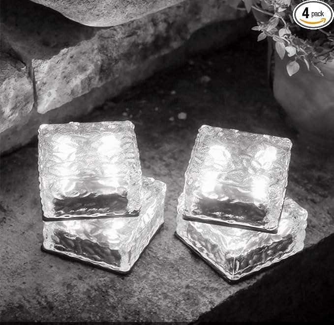 Outdoor 4 Pack Ice Cube Bricks Rocks Lights Solar Powered LED In Ground Pathways Patio Yard Garden Glow Lights Decor