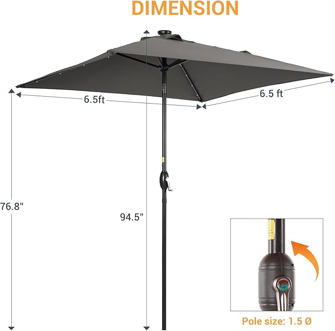 Square Patio Umbrella With Solar Lights, 6.5x6.5ft Square Umbrella Outdoor Patio with Tilt and Crank for Pool, Deck, Garden,Backyard
