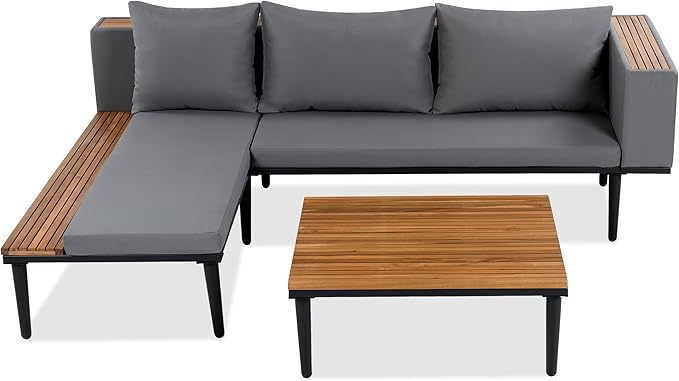 Luxury Outdoor Patio Furniture Set, L-Shaped Acacia Wood Sectional Sofa with Side Table, All-Weather Conversation Set with Removable Cushions and Coffee Table for Backyard Porch (Gray-4.20)