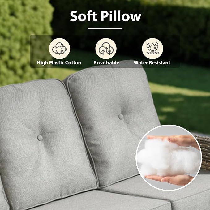 3 Pieces Patio Sectional Furniture Set, Outdoor Wicker Sectional Couch with Solar Lights Table, Modern Conversation Set for Porch Balcony Backyard, Dark Gray