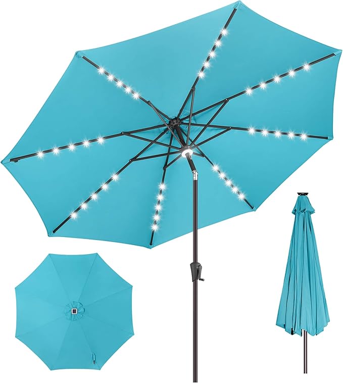 11FT Solar Umbrella Outdoor - Lighted Solar Patio Umbrella with 40 LED Lights Waterproof UV Protection, Table Umbrella with Tilt for Pool, Porch, Garden, Deck, Backyard - Aqua Blue