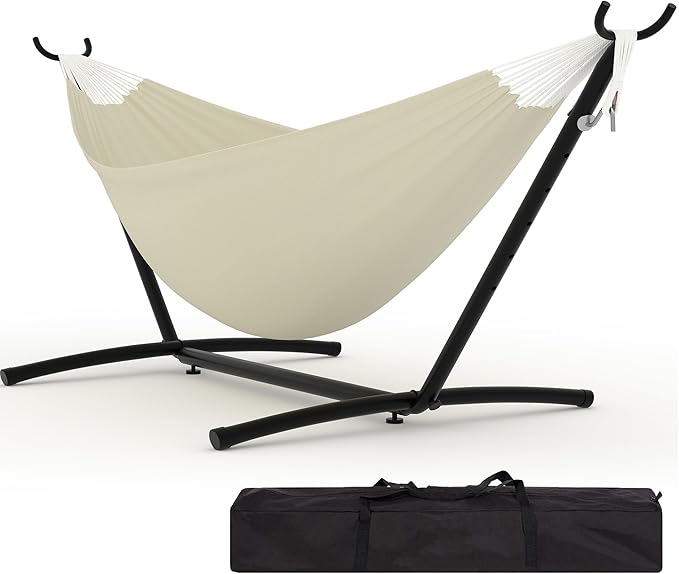2-Person Hammock with Stand,Portable Double Hammock, Portable & Space-Saving, 450 Lbs, Comfortable Polyester Cotton for Outdoor, Patio, Garden, Camping – Includes Carry Bag