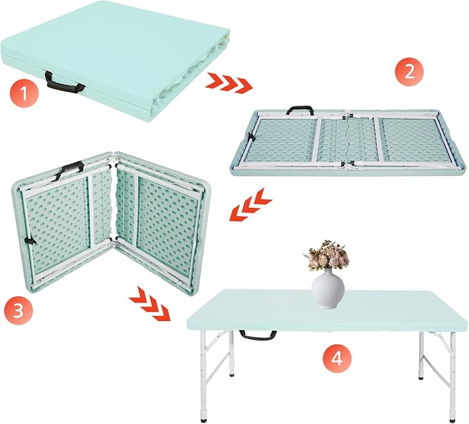 Portable 4Ft Folding Table, Heavy Duty Plastic Fold-in-Half Utility Foldable Table, Adjustable Height Plastic Folding Table with Carrying Handle for Camping &Party Indoor/Outdoor (Light Blue)
