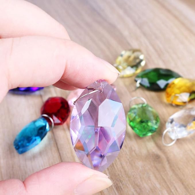 12 Pcs 38mm Multi-Color Crystal Horse Eye Prism Suncatcher Decor | Multi-Color Feng Shui Faceted Crystal Horse Eye Prism Suncatcher Pendant Set of 12 for Chandelier Window Garden Wedding Decor