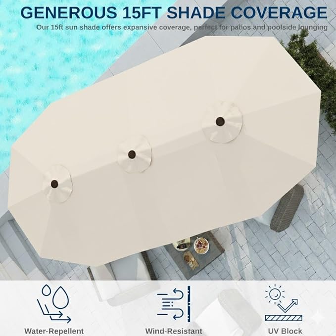 15FT Large Patio Umbrella with Base, Double Sided Rectangular Outdoor Umbrella with Sturdy Fiberglass Ribs, UPF 50+ Sun Protection, Wind-Resistant, Waterproof Fade-Resistant Fabric for Pool, Garden, Backyard, Deck(Creamy-white)