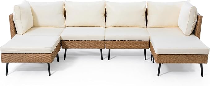 LAUSAINT HOME 6-Piece Patio Conversation Set, Modular Outdoor Sofa with Thick Cushions, All-Weather PE Rattan Sectional Seating for Garden, Backyard & Deck, Beige