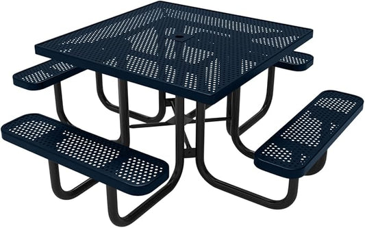 COATEDOUTDOORFURNITURE Heavy-Duty Portable Outdoor Picnic Table with Umbrella Hole, Punched Steel Commercial-Grade Patio Dining Furniture Made in America (46" Square Top, Dark Blue)