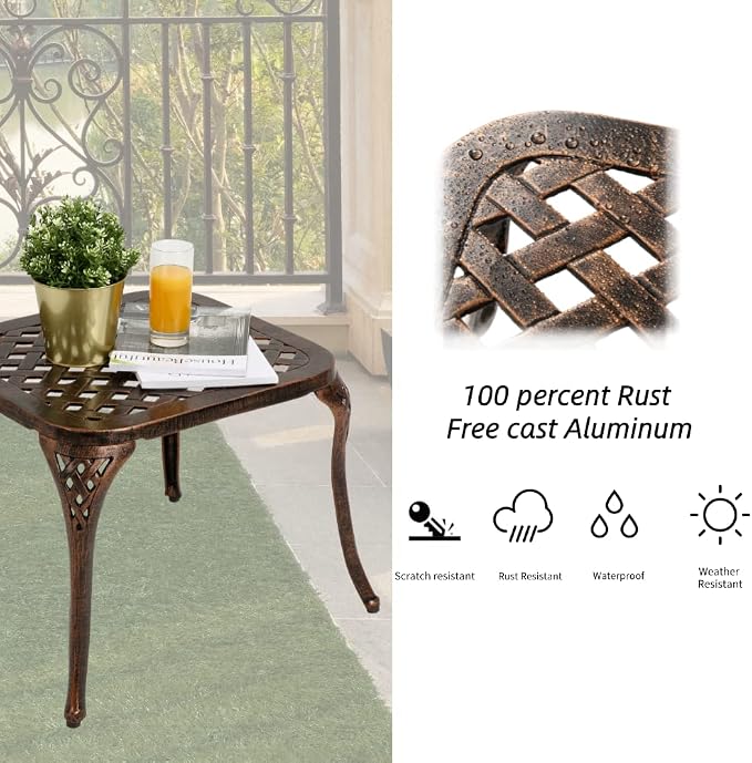 Patio End Metal Table, Outdoor Side Table Cast Aluminum Furniture for Garden, Poolside, Antique Bronze