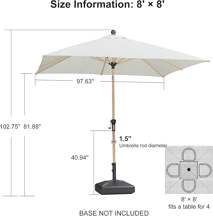 PURPLE LEAF 8' x 8' Square Patio Umbrella Market Umbrella Aluminum Outdoor Table Umbrella with Push Button Tilt & 8 Sturdy Ribs and Crank Square Outdoor Umbrellas for Pool Backyard Deck, Cream