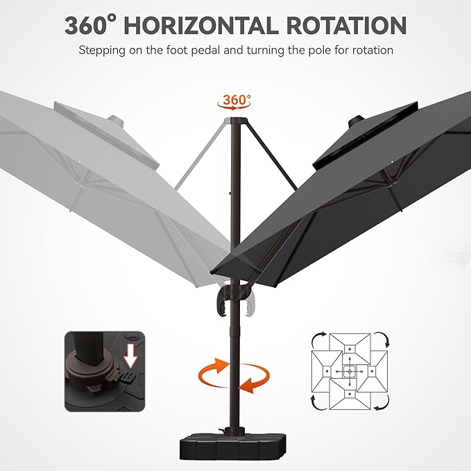 GENTEACO 9x12FT Cantilever Patio Umbrella, Double Top Rectangle Offset Umbrella 7 Angle Tilts & 360° Rotation, Large Heavy Duty Outdoor Sun Umbrella for Pool Market, Grey