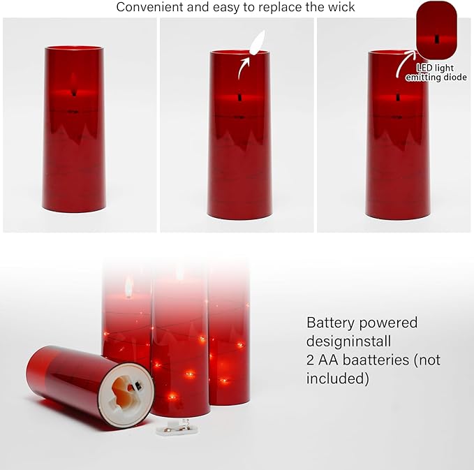 kakoya Flameless LED Candles with Timer 9 Pc Flickering Flameless Candles for Romantic Ambiance and Home Decoration Stable Acrylic Shell,with Embedded Star String，Battery Operated Candles（Red）