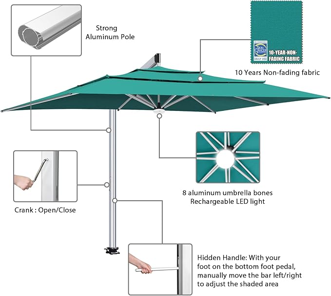 EliteShade USA Atlas 3-Tier 10x13FT Full Aluminum Cantilever Patio Umbrella for Outdoor Restaurant Garden Courtyard Deck Pool and Marketing with Light (No battery), Teal