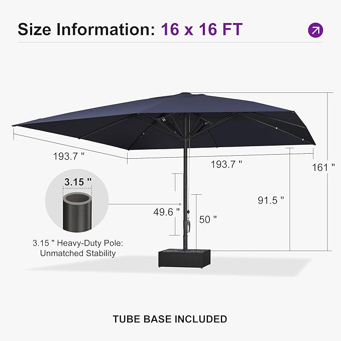 PURPLE LEAF 16' x 16' Square Semi-Auto Outdoor Patio Umbrella Aluminium Market Umbrella Table Sun Umbrella with 3.15" Rod and 8 Sturdy Ribs for Deck Lawn Pool Garden, Navy Blue