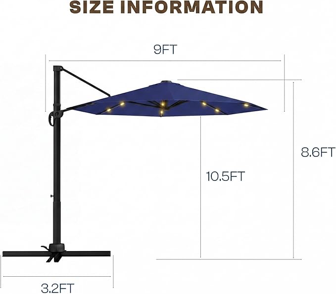 Kingdura 9ft Cantilever Patio Umbrella with Base Included & Solar Lights, Large Round Metal Outdoor Offset Umbrella with 360-degree Rotation, 4 Position Tilt, UV Protection for Pool Deck Patio (Navy blue)