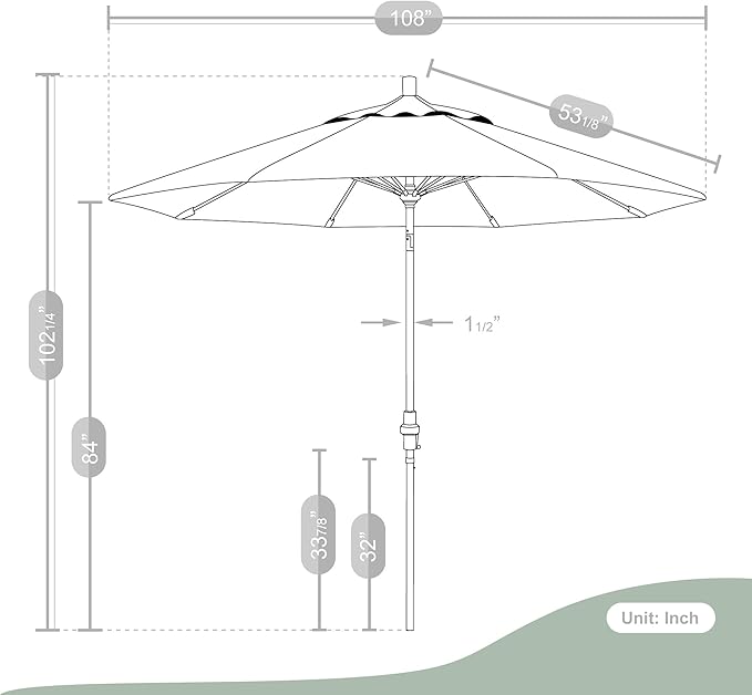 California Umbrella 9' Round Crank Lift, Collar Tilt, Aluminum Pole, Fiberglass Rib Patio Umbrella,