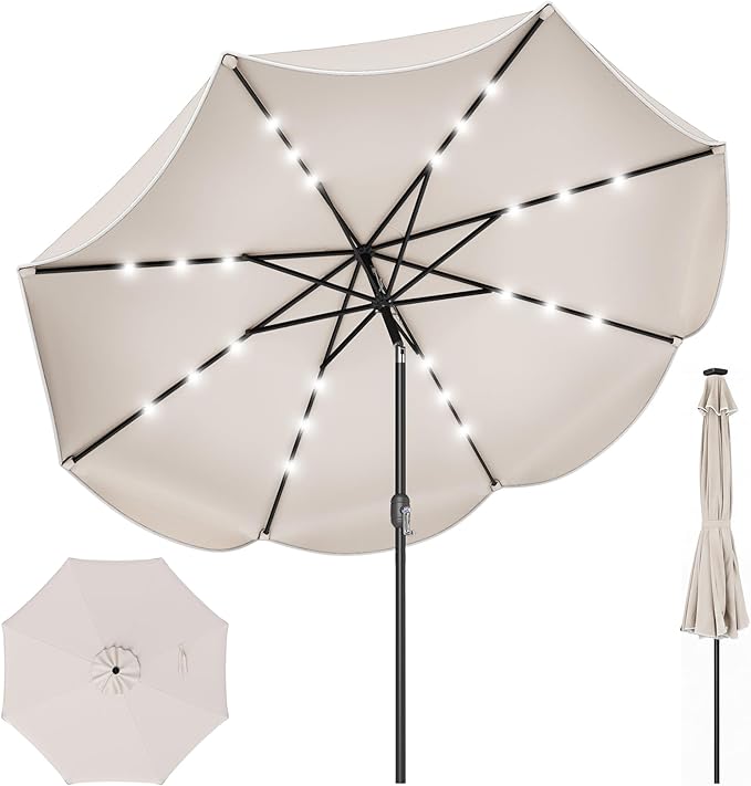 Tangkula 9 FT Solar Patio Umbrella, 2-Tiers Outdoor Scalloped Table Umbrella with 24 LED Lights, Tilt Adjustment, Crank, 8 Ribs for Market Backyard Pool Deck Beach Lawn