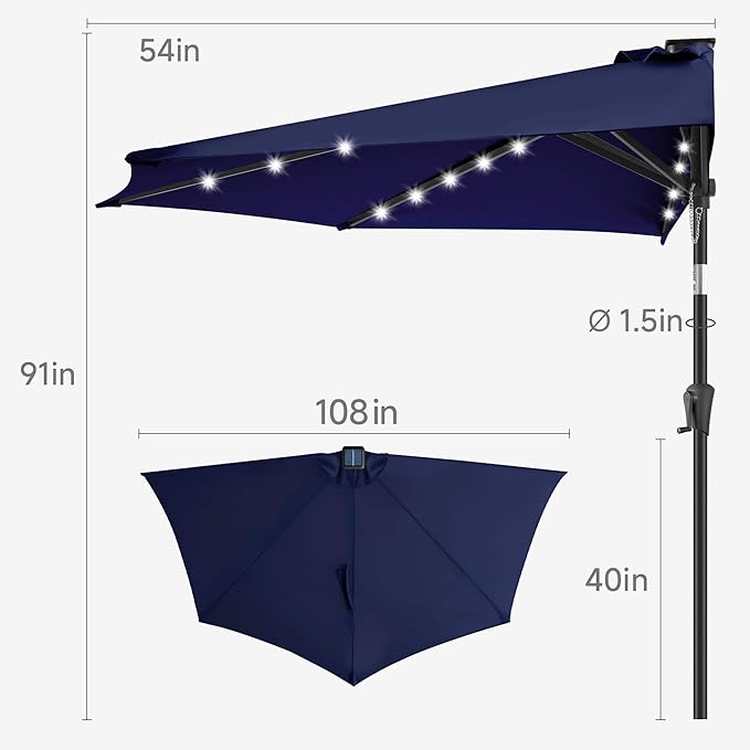 9ft Solar Half Umbrellas Outdoor - LED Half Patio Umbrella with 25 Lights, UV Protection Waterproof, Half Round Umbrella for Wall Balcony, Pool, Porch, Garden, Deck, Backyard, Navy Blue