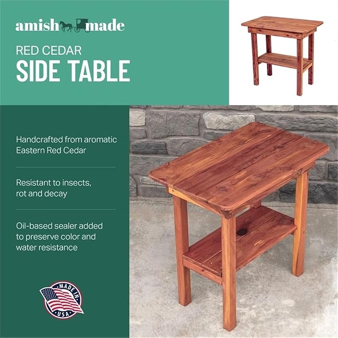 Pemberly Row Traditional Solid Wood Cedar Rectangle Side Table, Brown Finish, Eastern Red Cedar, Oil-Based Sealer, Handcrafted Patio End Table for Outdoor Seating Spaces