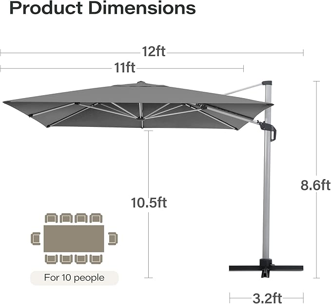 LAUSAINT HOME Outdoor Patio Umbrella, 11 FT Large Cantilever Umbrella Windproof All Aluminum Offset Umbrella with 360° Rotation & Olefin Fabric for Garden, Deck, Lawn, Pool, Backyard (Square, Grey)