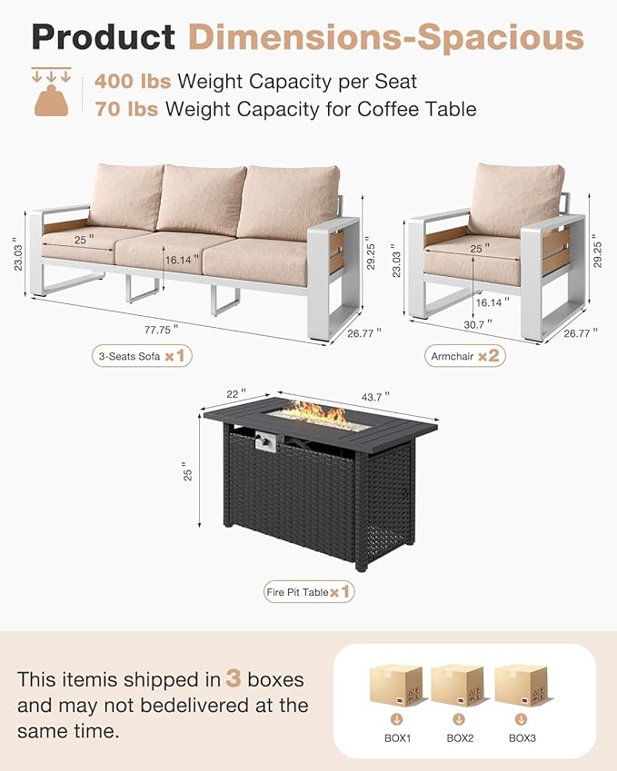 Aoxun Aluminum Patio Furniture Set with Fire Pit Table, 5 Seats Luxury Outdoor Sectional with 6" Olefin Fabric Cushions, Patio Conversation Sets with Coffee Table for Backyard, Deck Beige