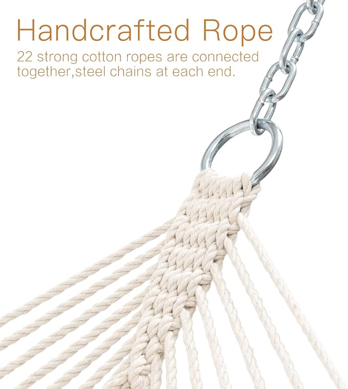 Gafete Rope Hammocks Swing with 5ft Tree Straps, Traditional Hand Woven Cotton 52" Double Hammock with Free Chains & Straps & Hooks & Hardwood Spreader Bar for Outside Outdoor, Max 450Lbs (Natural)