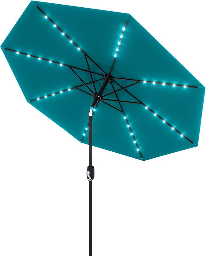 10FT Patio Umbrella with Solar Lights, Outdoor Table Umbrella with Tilt & Crank, 8 Ribs Waterproof UV Protected for Pool, Deck, Backyard, Turquoise Blue