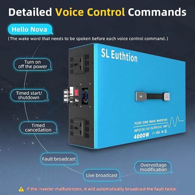 4000W Pure Sine Wave Power Inverter Voice Control AI Voice Assistant Support English 12V to 120V 60HZ with LCD Display, USB Port, for Car Home Laptop Truck