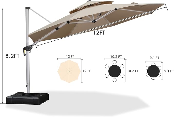 PURPLE LEAF 12 FT Cantilever Patio Umbrellas with Base Included, Large Round Offset Umbrella with 360° Rotation, Outdoor Aluminum Pool Umbrella for Pool Lawn Garden, Beige